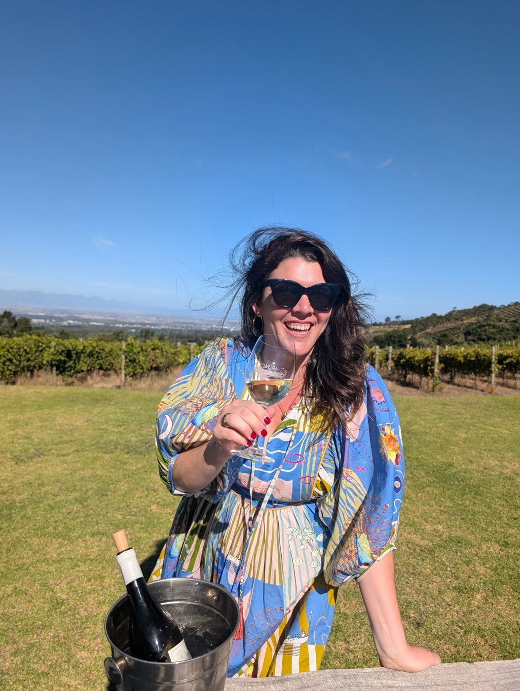 Kelly on a vineyard lawn in the Cape Winelands