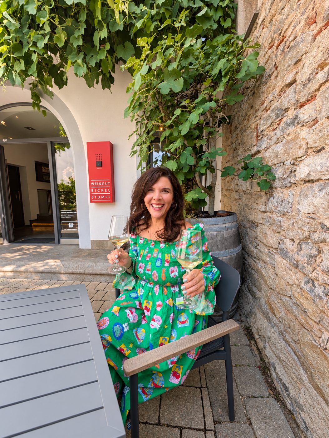 Kelly toasting at Weingut Bickel-Stumpf in Franconia